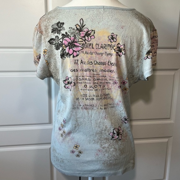 Paris Graphic Tee Rhinestone Accents Floral Print Short Sleeve Top PL - Picture 4 of 6